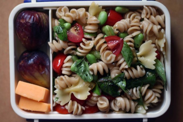 Whole-wheat and regular pasta salad, figs, cheddar.
